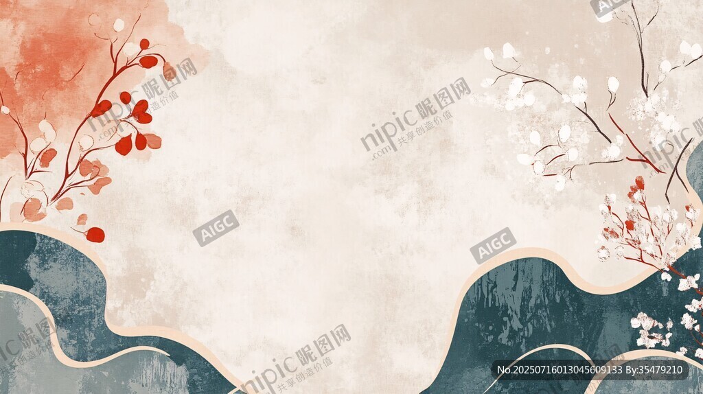 中式水墨風花卉山水背景圖