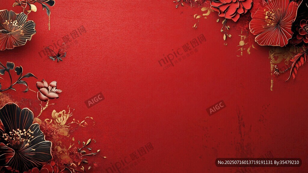中式紅底花卉精美背景圖