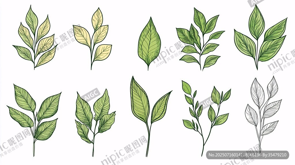 手繪清新綠葉植物素材
