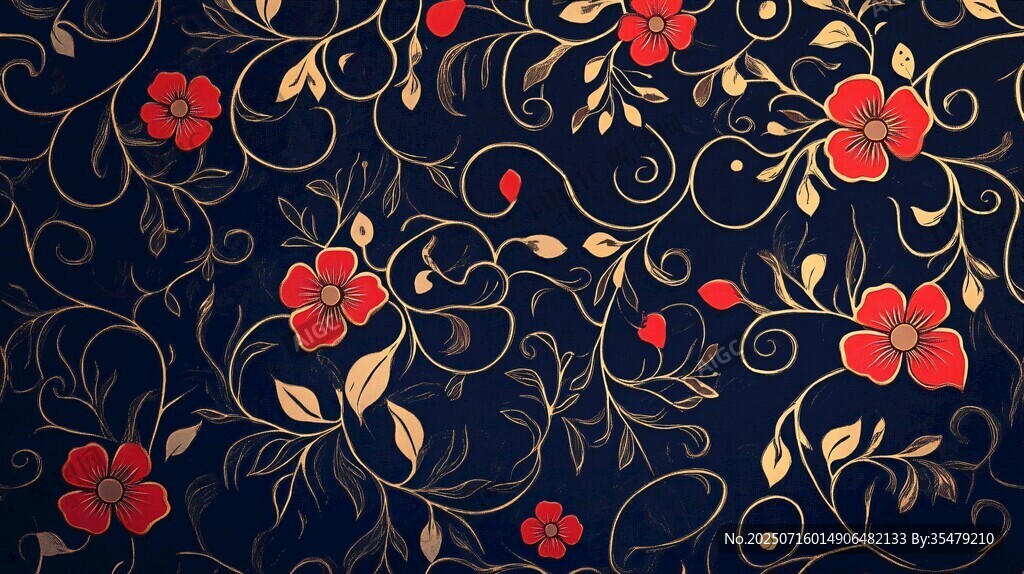 深藍(lán)底紅花金紋精美圖案