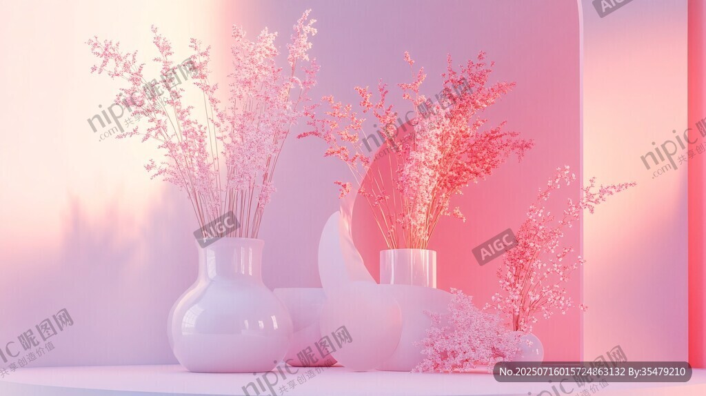 粉色系花瓶干花唯美場景