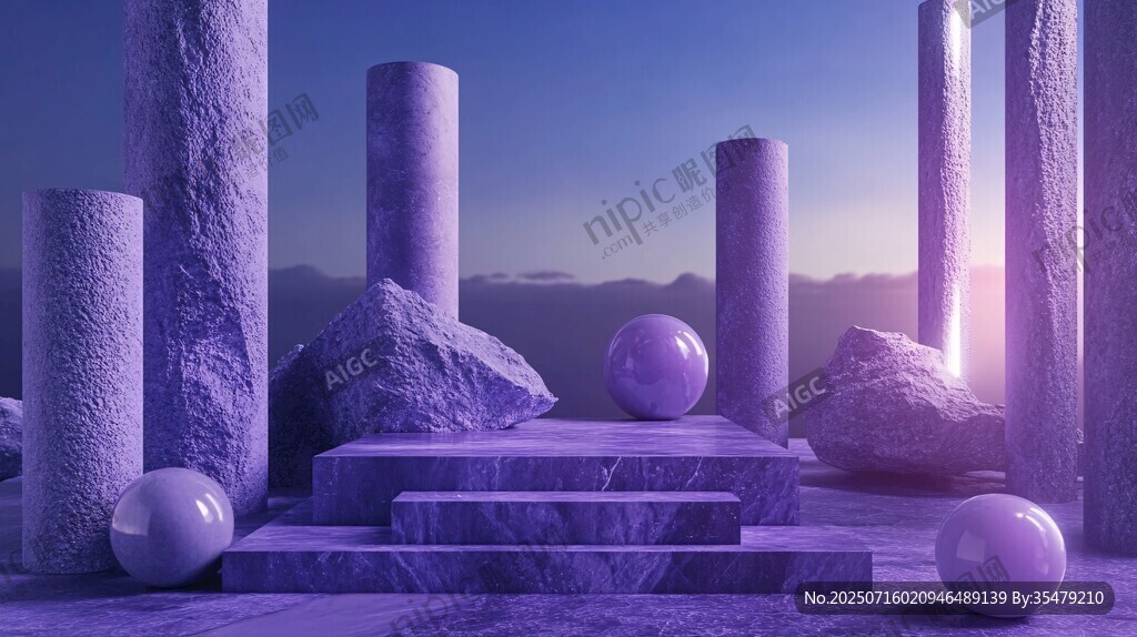 紫色夢幻幾何柱石景觀