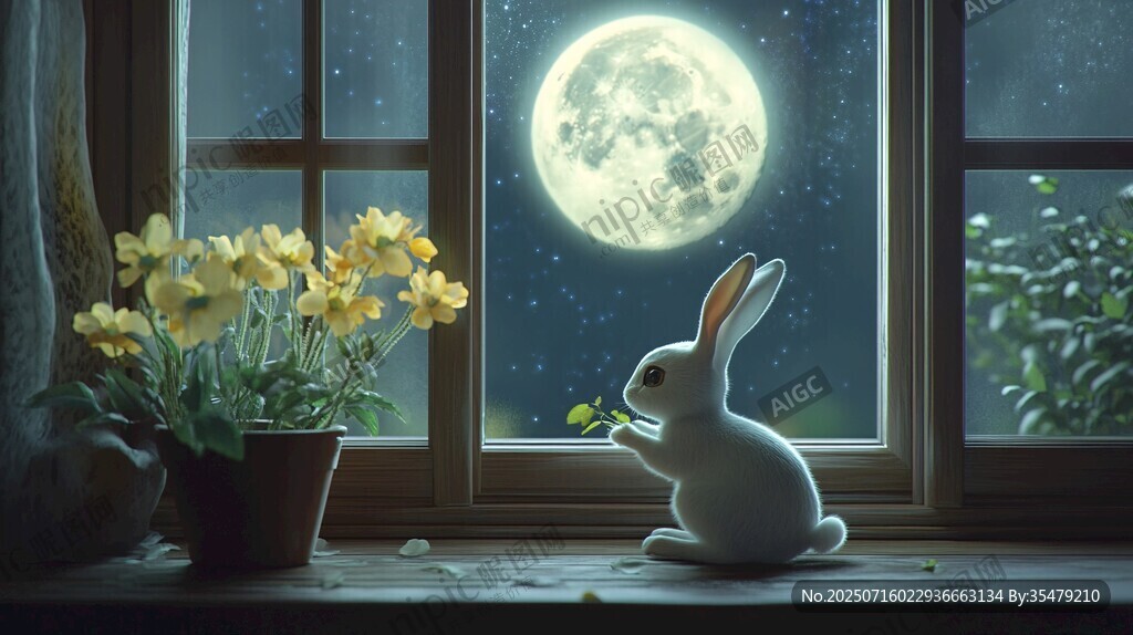 月夜窗前的小兔與水仙