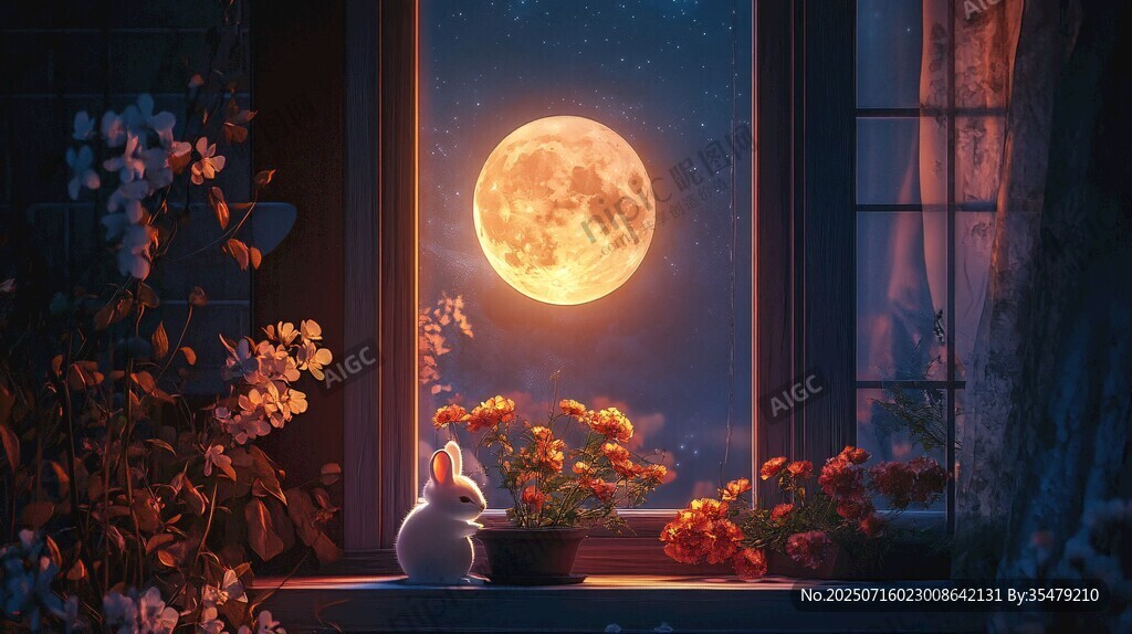 窗前月夜下的兔子與繁花