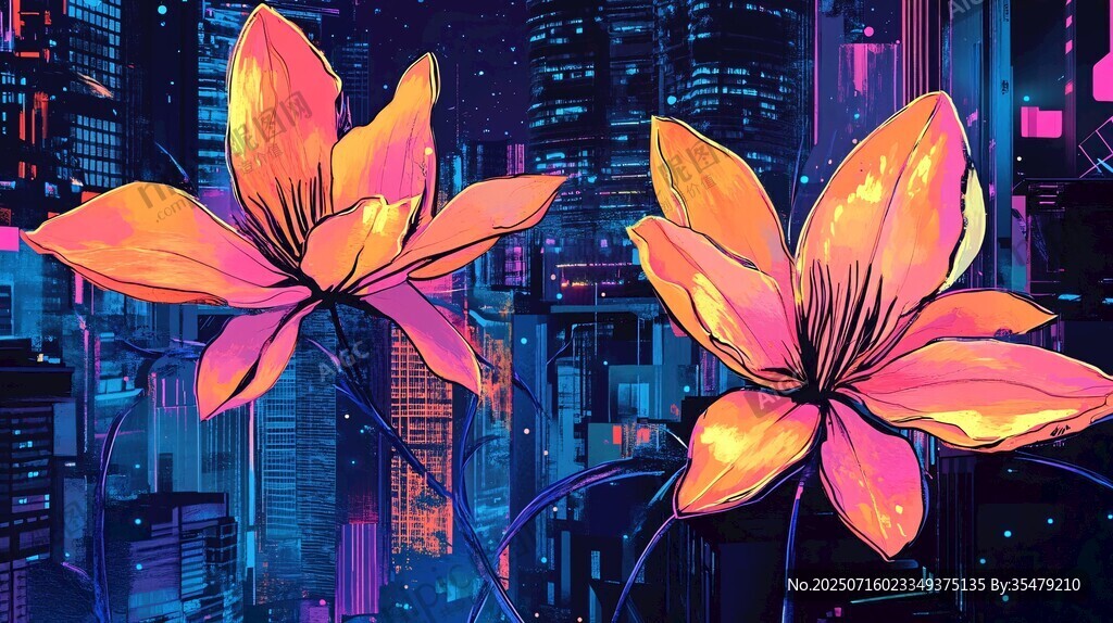 都市幻彩花朵插畫