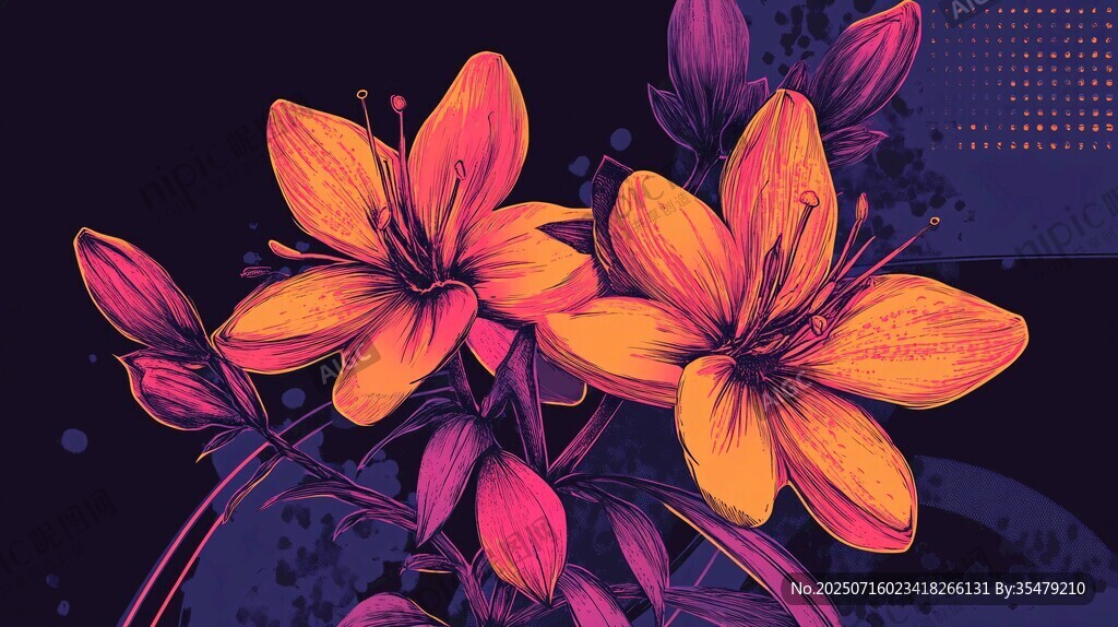 夢幻漸變色彩花卉插畫