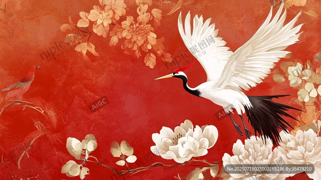 丹頂鶴于繁花間展翅