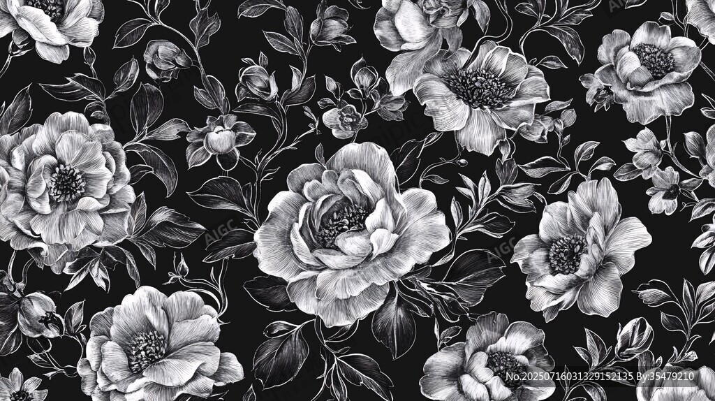 黑白花卉圖案無(wú)縫背景圖