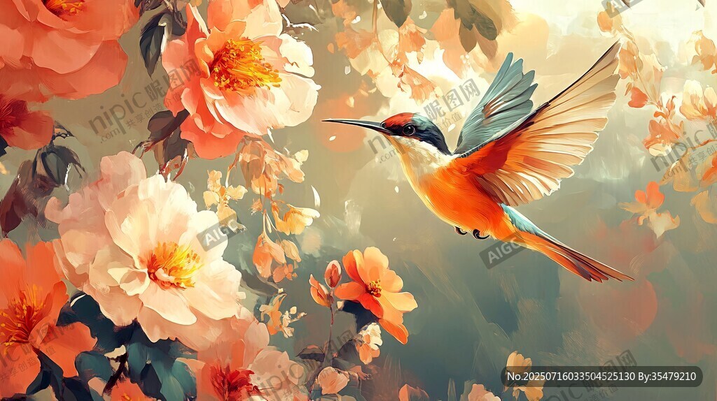 蜂鳥飛舞于絢爛花叢中