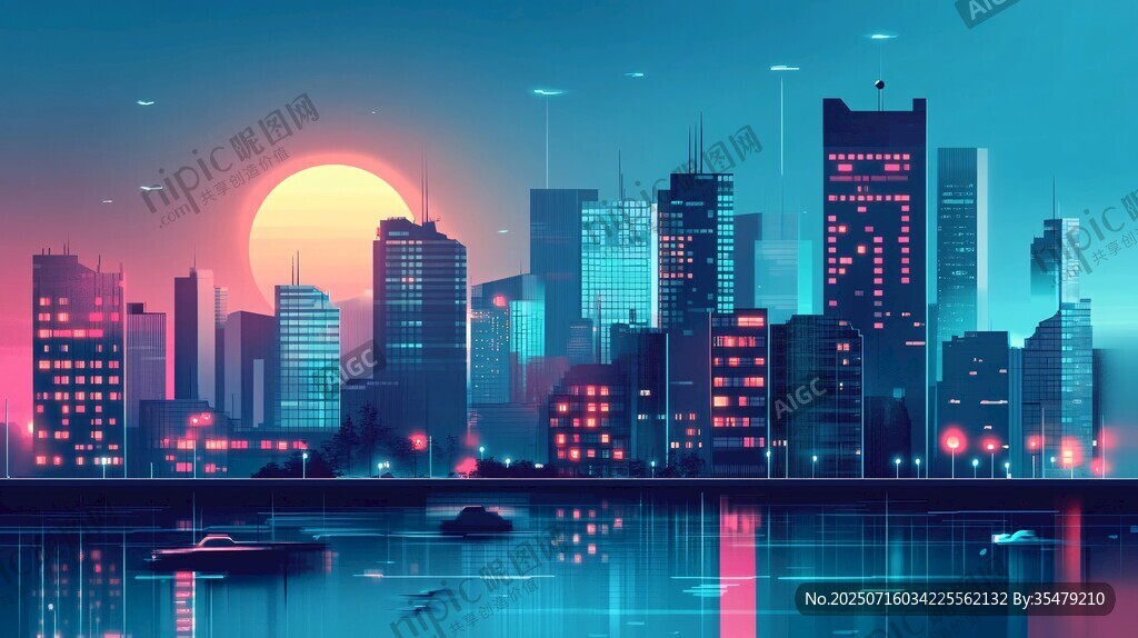 都市夕陽下的璀璨天際線