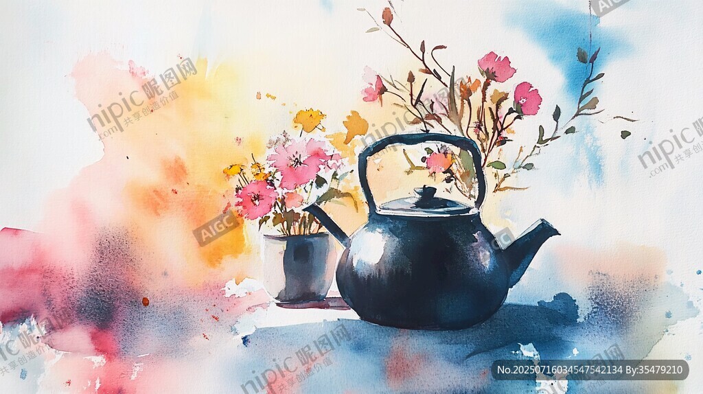 水彩畫(huà)中的茶壺與花卉