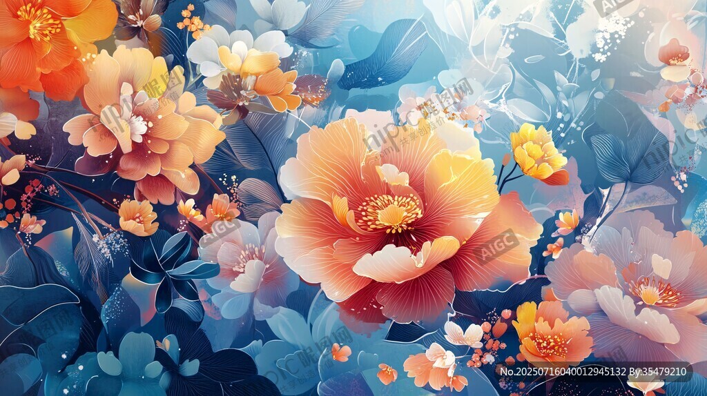 夢幻多彩花卉插畫