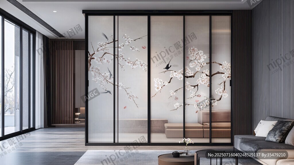 中式花鳥玻璃隔斷客廳設(shè)計(jì)