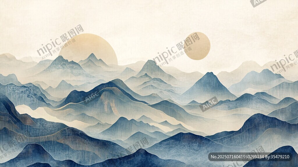 水墨群山雙日朦朧景致