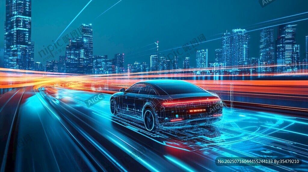 都市夜中疾馳的炫酷智能汽車