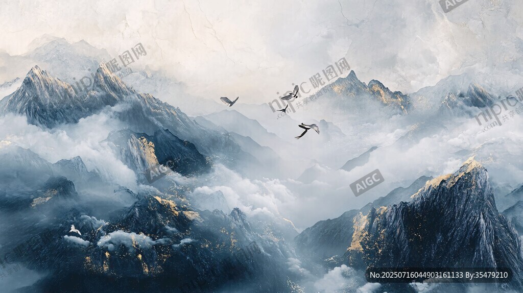 云霧山巒間飛鳥(niǎo)翱翔