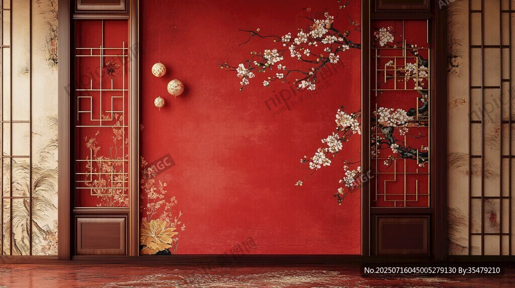 中式紅墻繁花典雅景致