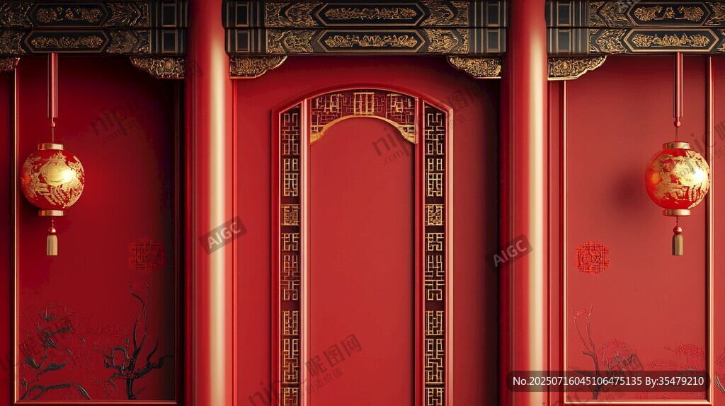中式紅門掛飾喜慶場(chǎng)景
