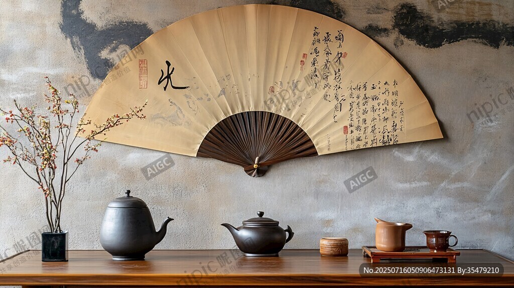 中式古風(fēng)茶具與折扇雅景