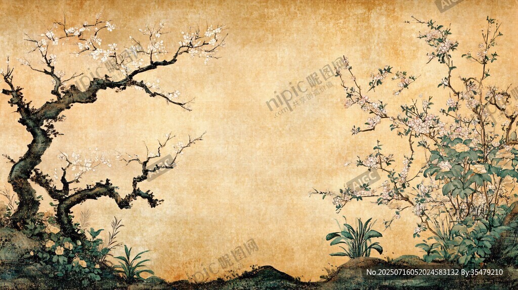 古風(fēng)花卉樹木繪畫圖景