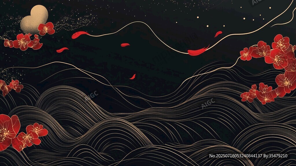 月夜紅梅海浪中式意境圖