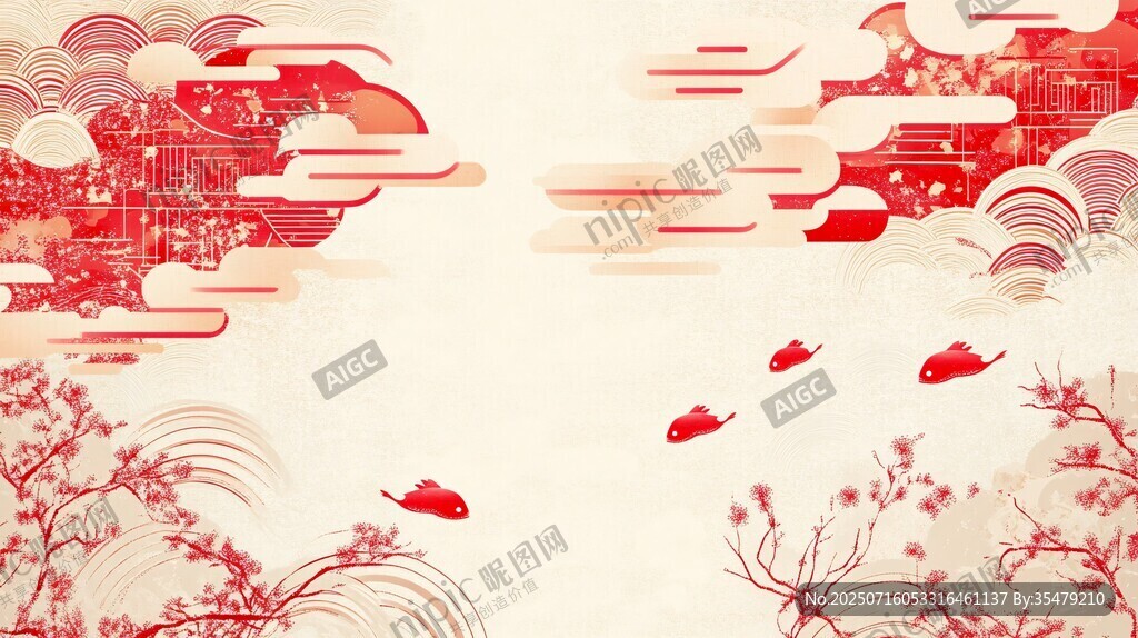 中式紅白風(fēng)山水花鳥背景圖