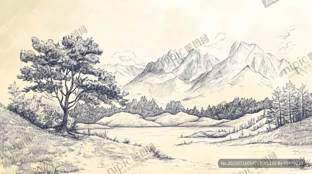 山間孤樹素描風(fēng)景圖