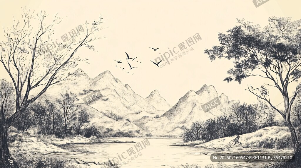 山水林間飛鳥景致圖