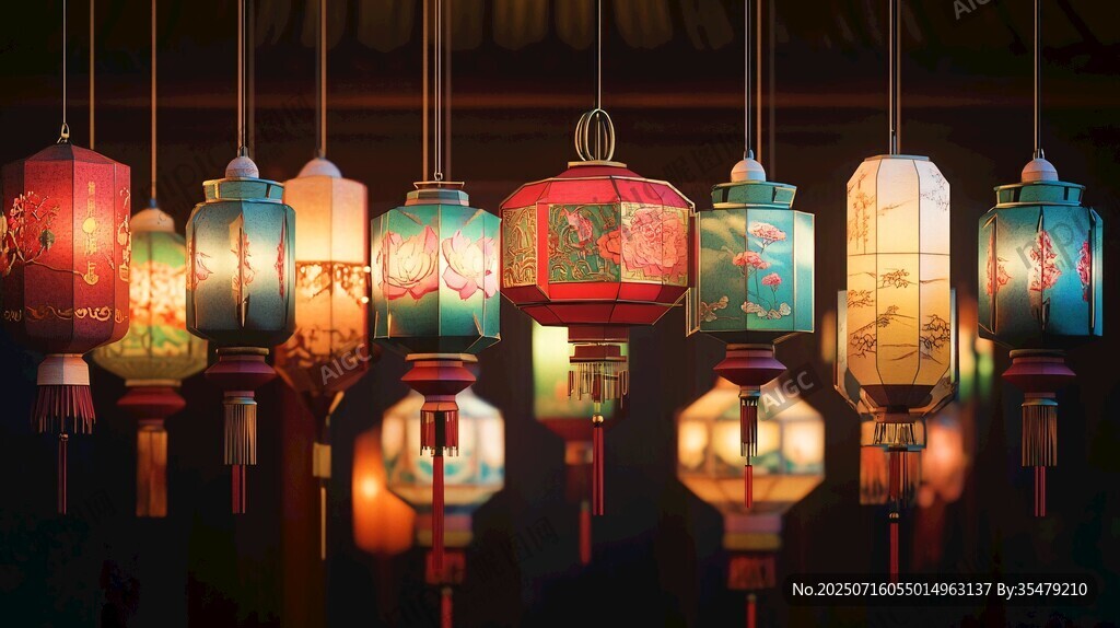中式古風(fēng)多彩燈籠懸掛