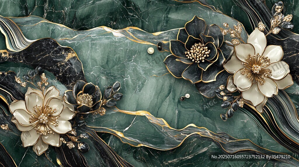 墨綠鎏金花卉立體裝飾畫