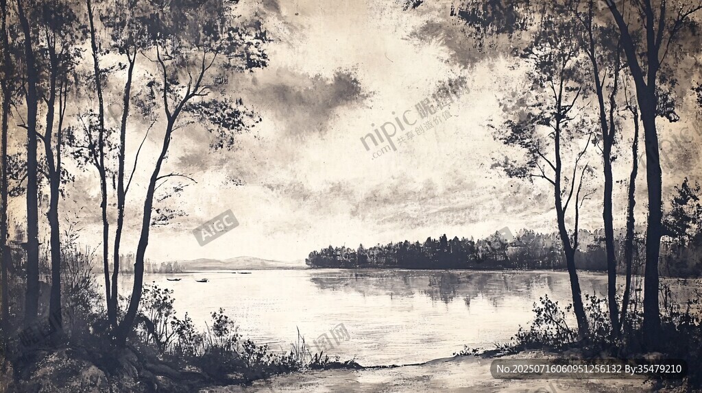 湖畔樹林黑白靜謐風(fēng)景