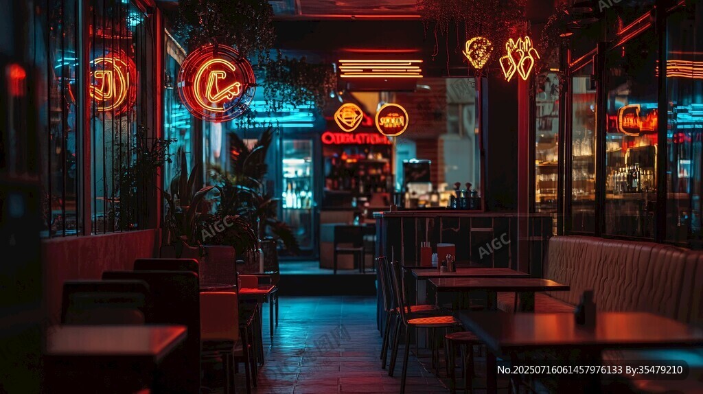 霓虹閃爍的時尚夜間餐廳