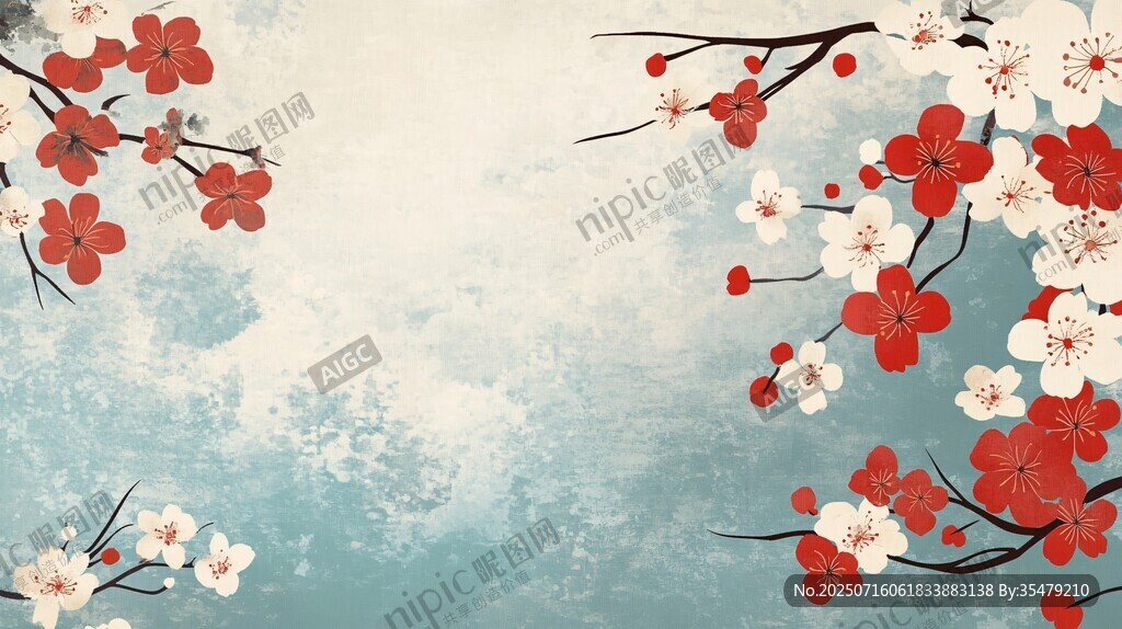 水墨風(fēng)綻放的嬌艷紅梅花