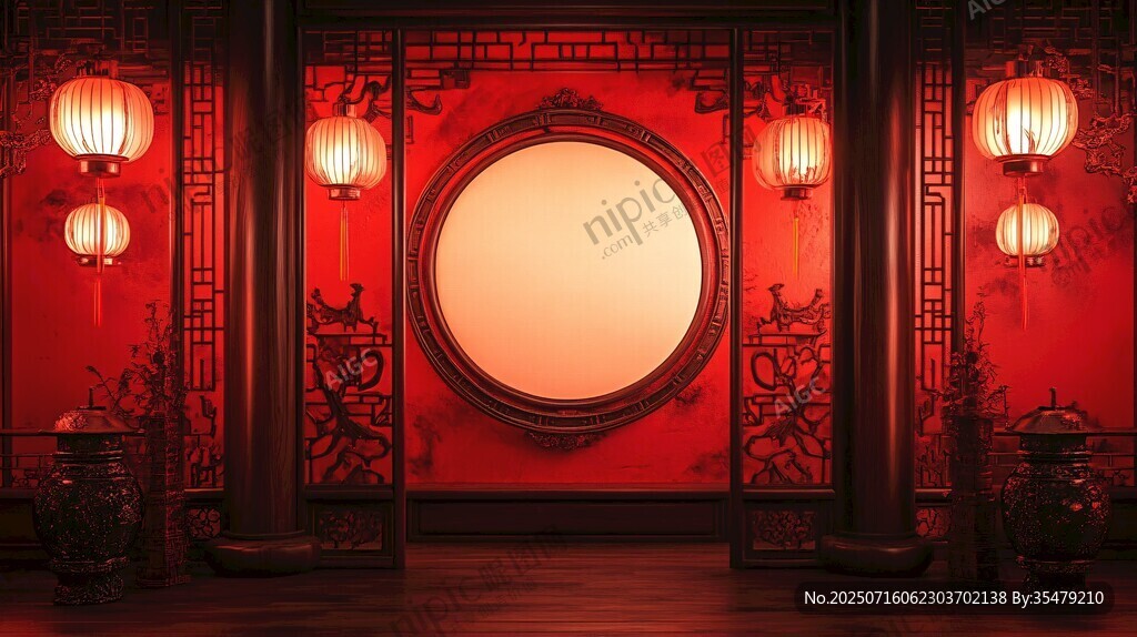 中式紅墻圓窗燈籠室內(nèi)景