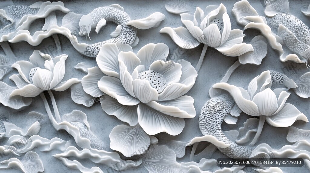 荷花鯉魚浮雕藝術(shù)圖案