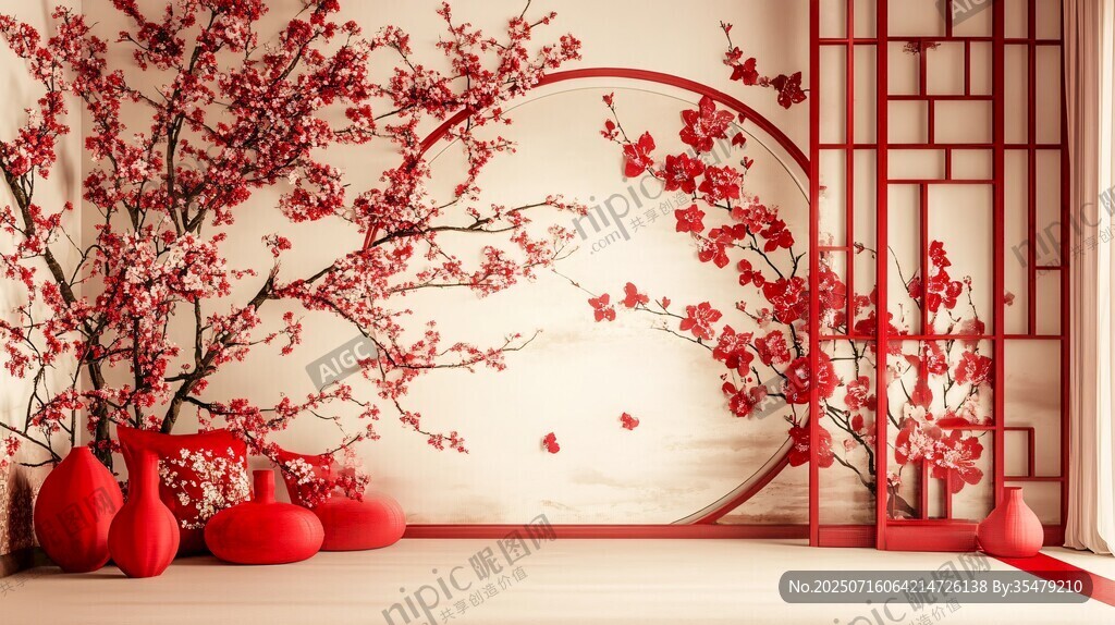 中式紅梅花景室內(nèi)裝飾