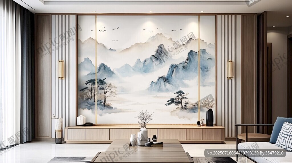 中式客廳山水壁畫裝飾風