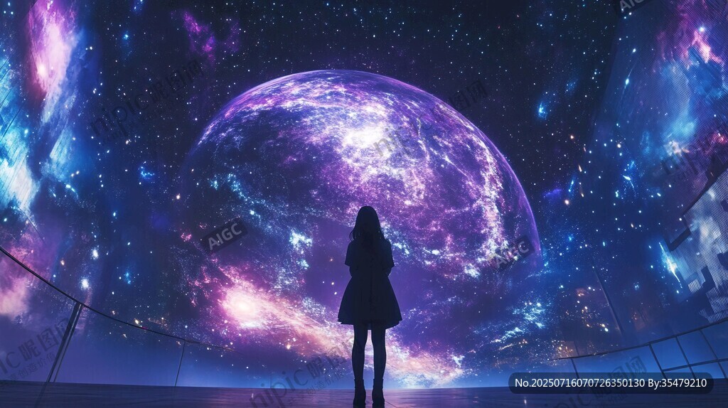 女孩凝望夢幻宇宙星空