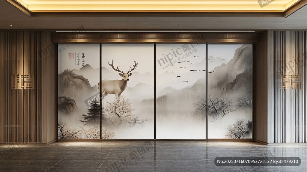 中式山水麋鹿屏風裝飾畫