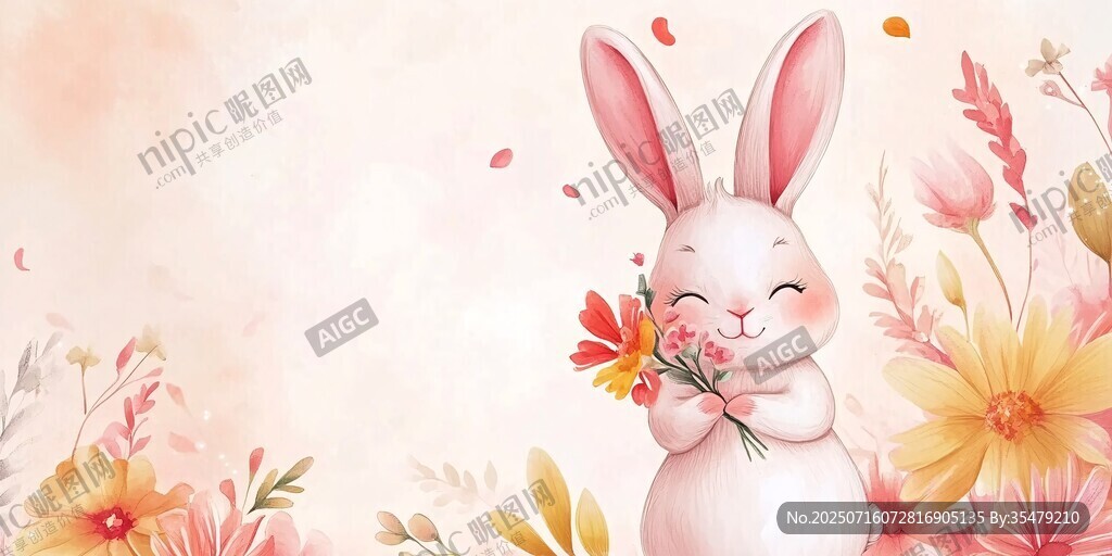 可愛小兔抱花春日插畫