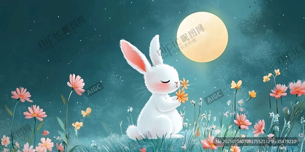 月夜白兔聞花圖