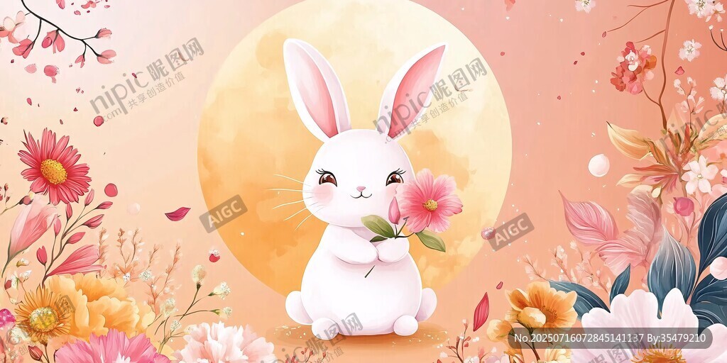 白兔抱花伴月春意濃