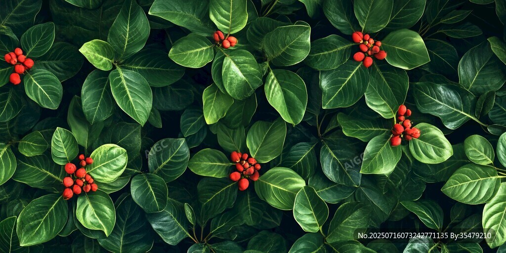 綠葉紅果的清新植物圖景