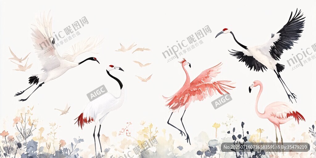 仙鶴火烈鳥共舞水彩畫