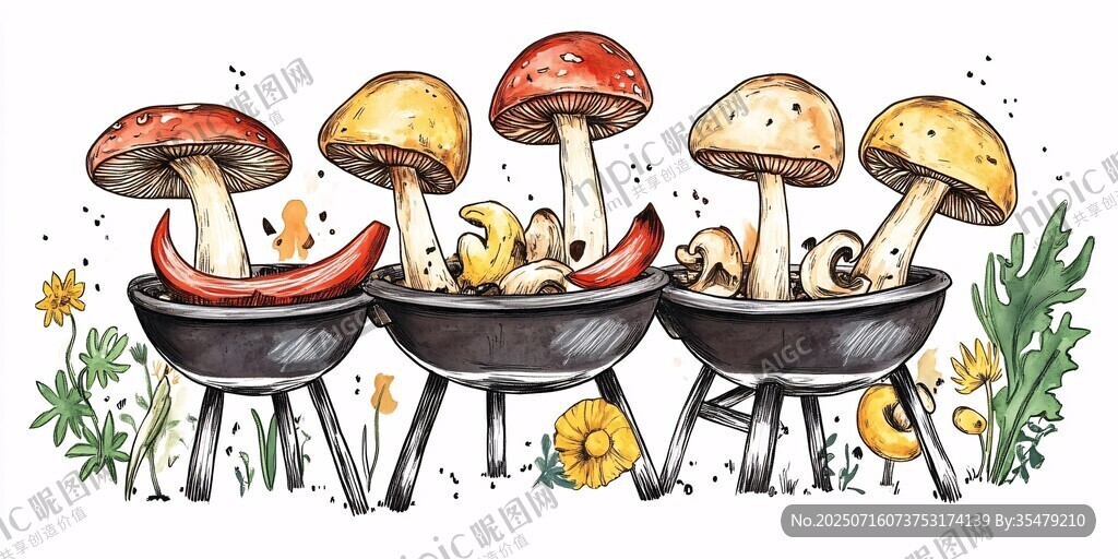 蘑菇燒烤趣味插畫