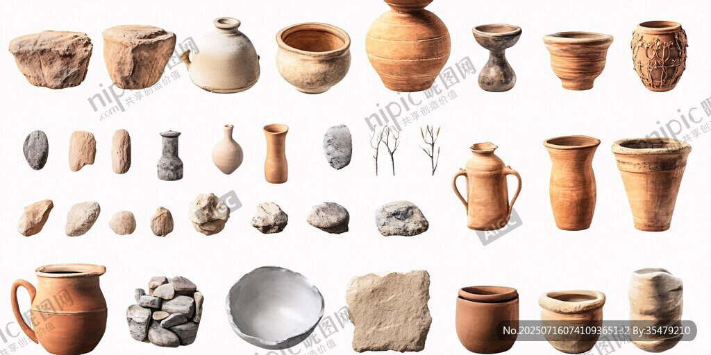 古代陶器與石器集合展示