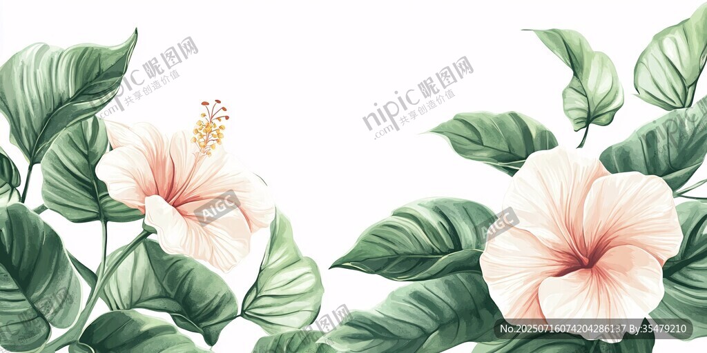 粉色木槿花與綠葉插畫(huà)