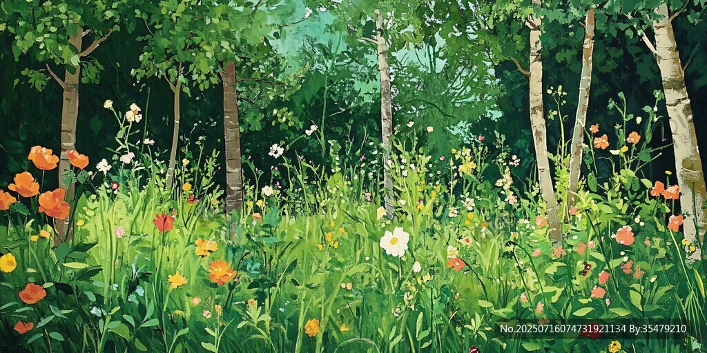 夏日林間花海爛漫圖景
