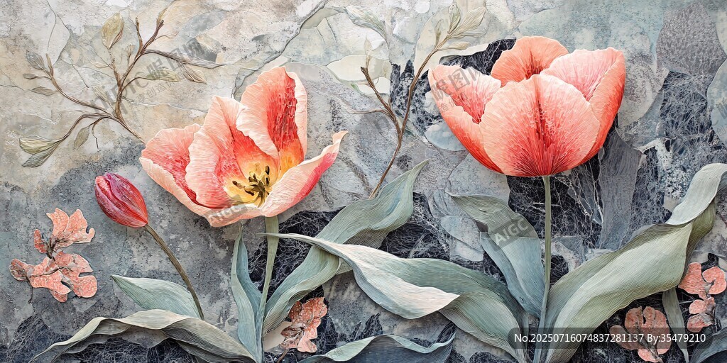手繪粉橙郁金香花卉圖