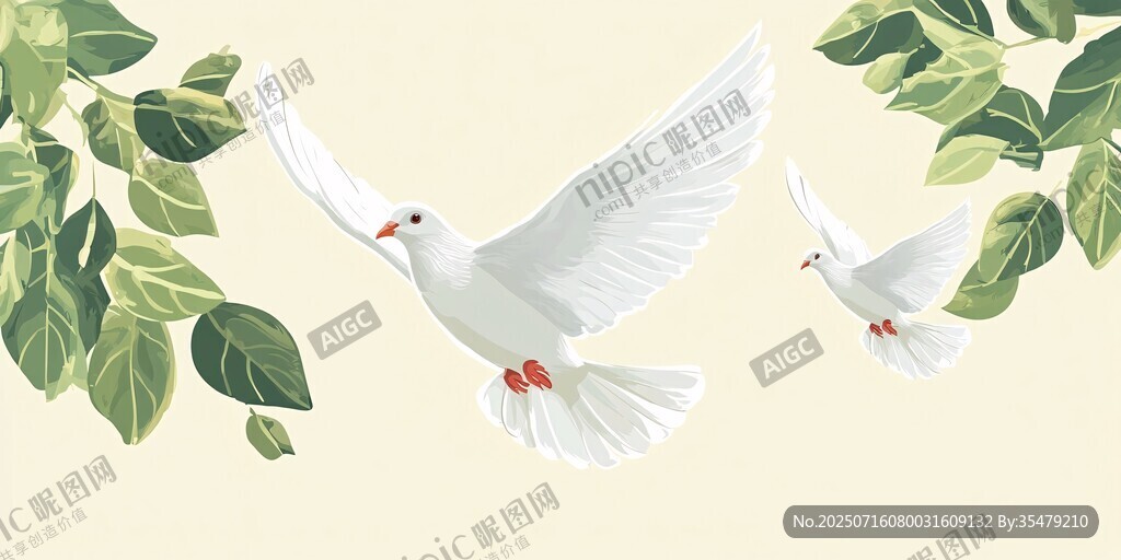 白鴿展翅于綠葉間飛翔